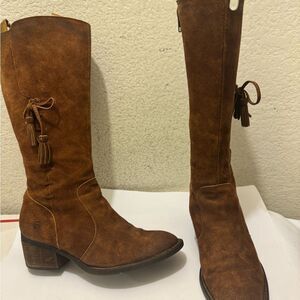 Born Tan Heeled Boots with Tassel Detail